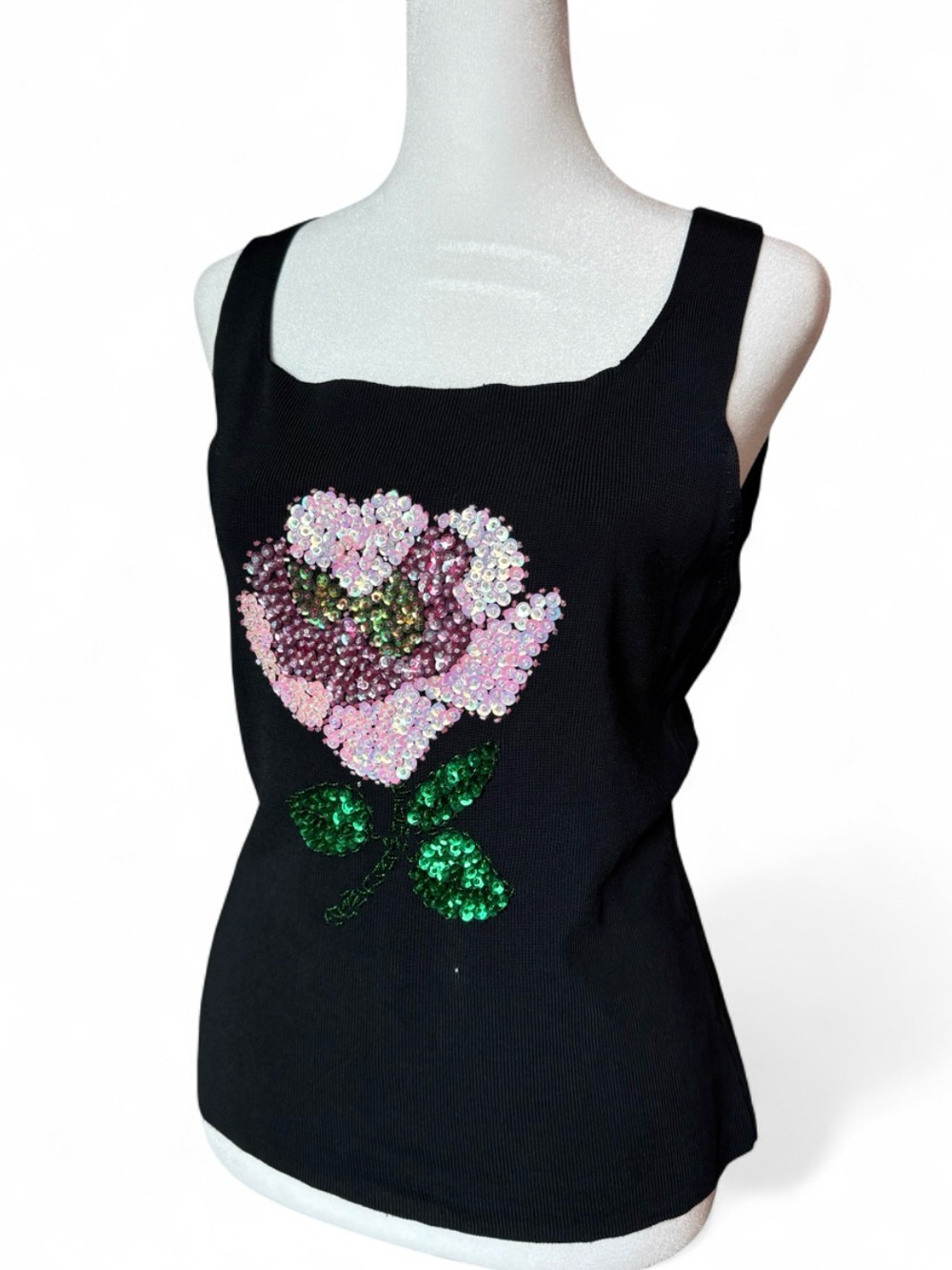 Rare Vintage Lucia Burns 90s Black Sequin Rose Tank Top Y2K Stretch Knit Medium